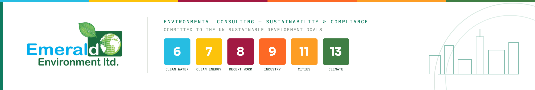 Emerald Environment Ltd banner - Environmental Consulting, Sustainability and Compliance, committed to UN Sustainable Development Goals 6, 7, 8, 9, 11, 13